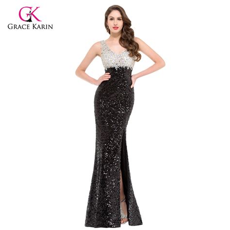 Luxury Mermaid Evening Dresses Grace Karin Black Sequins Beaded 2018