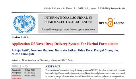 Application Of Novel Drug Delivery System For Herbal Formulation