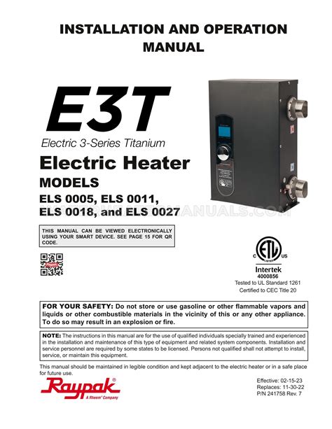 Rheem Els 0018 E3t Water Heater Installation And Operation Manual Water Heater Manuals