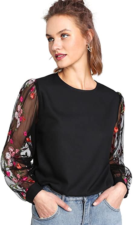 Wdirara Womens Embroidered Floral Mesh Bishop Long Sleeve Casual