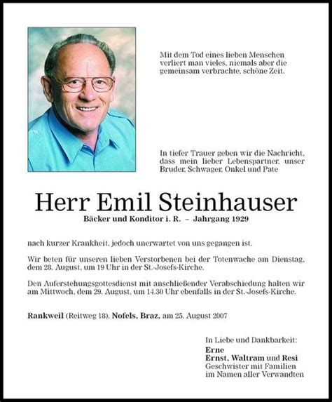 Todesanzeigen Von Emil Steinhauser Todesanzeigen Vorarlberger Nachrichten