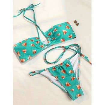 Emmiol Envío gratis Conjunto de bikini halter con estampado de frutas de verano Verde S de