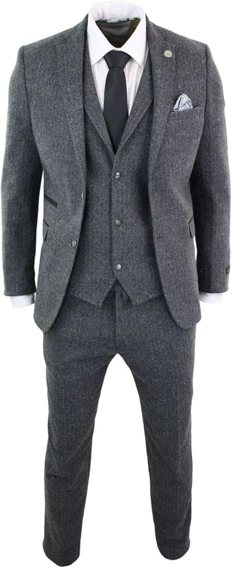 TruClothing Mens Grey Black 3 Piece Tweed Suit Herringbone Wool Vintage