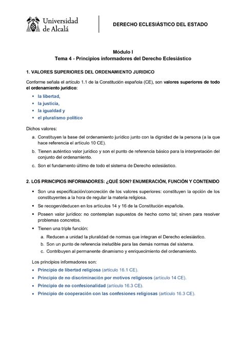 Tema 4 Principios informadores DEE Resumen 3 derecho eclesiástico