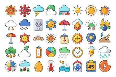 Colorful Weather Icons Set With Various Sun Cloud Rain Storm Lightning