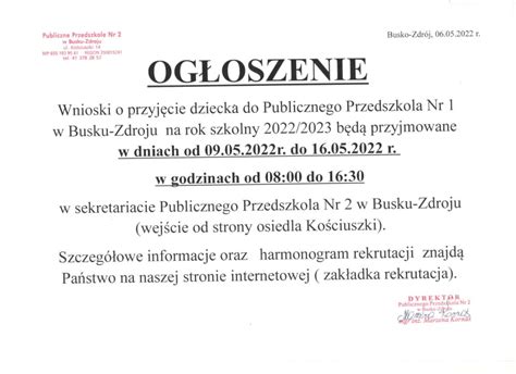 Og Oszenie W Sprawie Rekrutacji Do Publicznego Przedszkola Nr W Busku