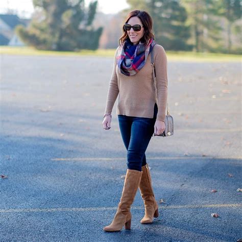 Winter Outfit Inspo Plaid Infinity Scarf Knee High Boots Jo Lynne