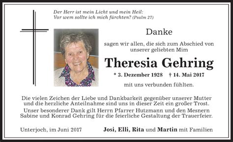 Traueranzeigen Von Theresia Gehring Allg Uer Zeitung