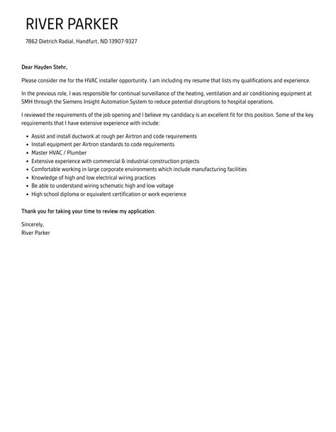 Hvac Installer Cover Letter Velvet Jobs