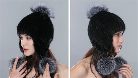 Buy Wholesale Winter Genuine Cross Mink Fur Caps With Fox Fur Pom Poms