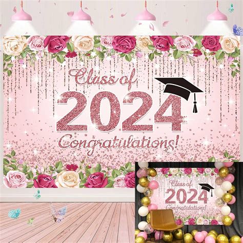 Pink Graduation Decorations Class Of 2024 Backdrop Pink And Rose Gold