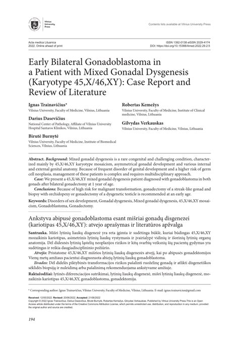 Pdf Early Bilateral Gonadoblastoma In A Patient With Mixed Gonadal