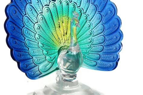 French Crystal Peacock Figurine By Cristal Darques Blue Glass Bird Statue