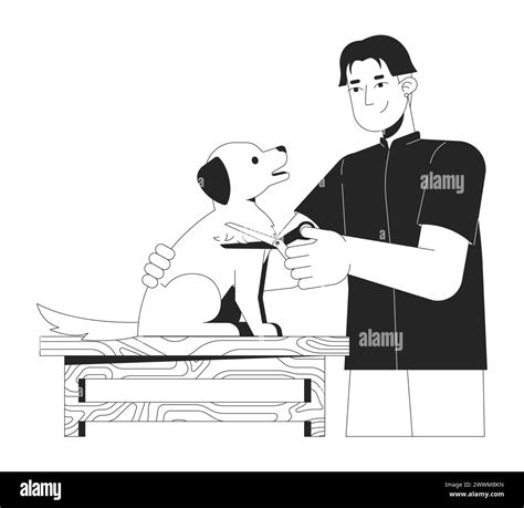 Asian Man Grooming Dog Black And White 2d Line Cartoon Character Stock