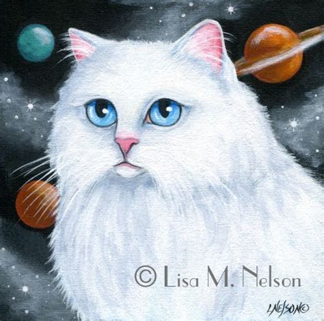 White Persian Cat Solar System Planets Acrylic Painting Watercolor