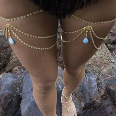 Givvllry Bohemian Thigh Chain For Women Vintage Multilayer Gold Color Leg Chain Ethnic Blue