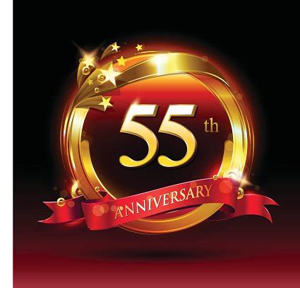 55th Golden Anniversary Logo With Ring And Red Ribbon Stock Vektor