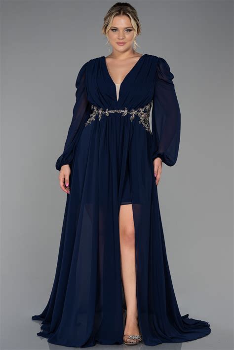 Long Navy Blue Chiffon Plus Size Evening Dress Abu3256