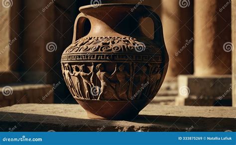 Detailed Ancient Greek Amphora Vase Painted With Scenes From Greek
