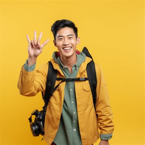 Premium Ai Image Handsome Asian Man Smiling Happily On Yellow Banner