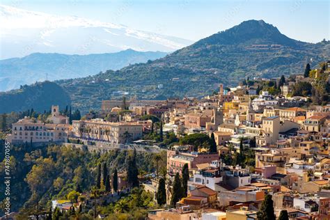 Taormina Panorama With Castello Saraceno Saracen Castle On Monte Tauro