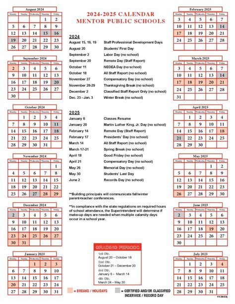 Mentor Public Schools Calendar 2024-2025 in PDF | Holidays