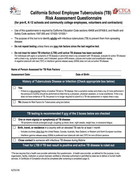 2018 2025 Form CA School Employee Tuberculosis TB Risk Assessment