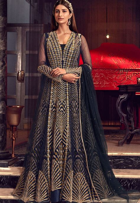 Navy Blue Net Embroidered Floor Length Anarkali Suit 6504