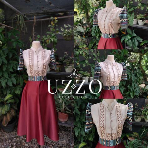 Modern Filipiniana Attire Ethnic Design Bouse And Skirt Mocha Blouse