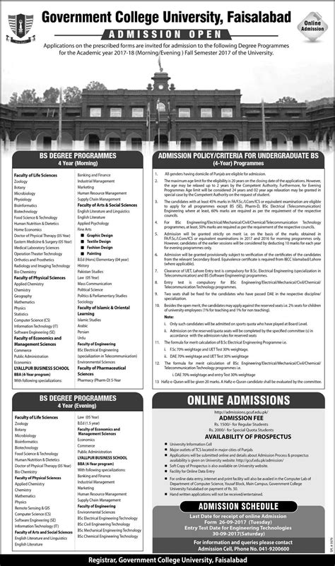 Admission Open In Govt College University Gcu Faisalabad Sep