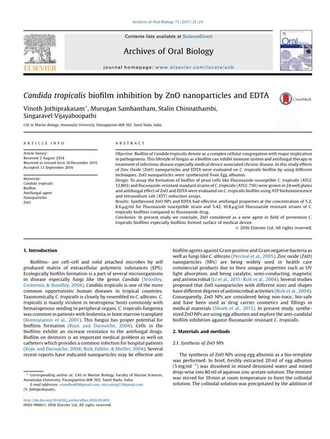 (PDF) Candida tropicalis biofilm inhibition by ZnO nanoparticles and EDTA