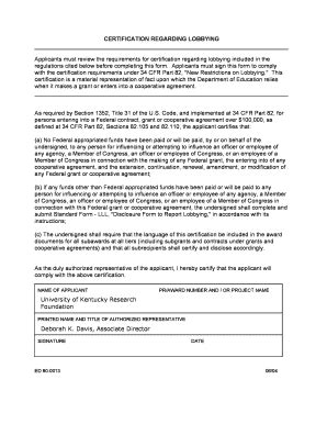 Fillable Online Research Uky Certification Regarding Lobbying Ed Form