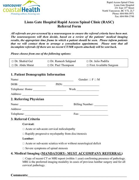 Lions Gate Hospital Rapid Access Spinal Clinic RASC Referral Form