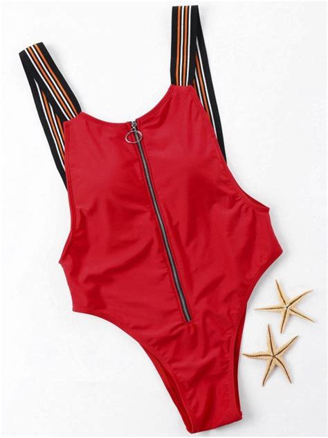 [25 Off] 2021 Zip Up Cheeky One Piece Swimwear In Red Zaful