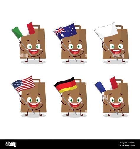 Papper Bag Cartoon Character Bring The Flags Of Various Countries