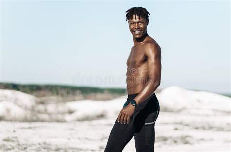 Portrait African American Man Fitness Athlete With Muscular Naked