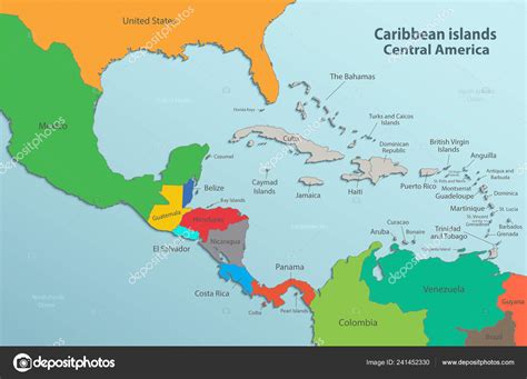 Caribbean Islands Map Central America State Names Card Colors Vector