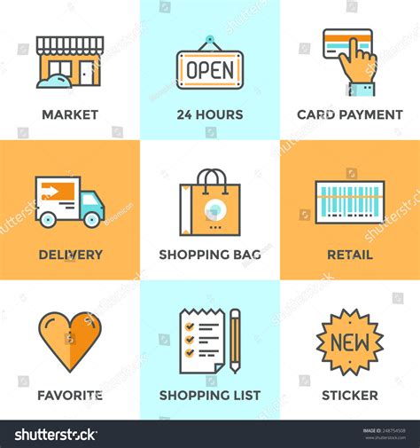 Line Icons Set With Flat Design Elements Of Retail Services And Market