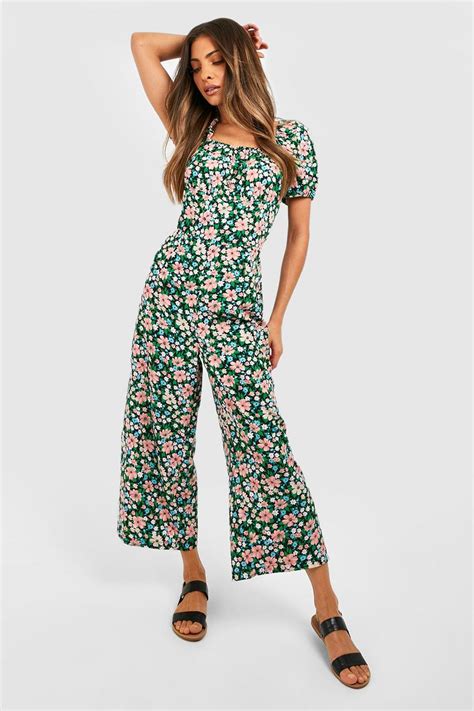 Floral Puff Sleeve Culotte Jumpsuit Boohoo