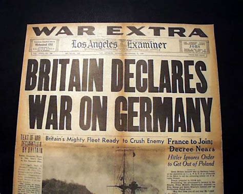 Great World War Ii Begins Britain Declares War On Germany Nazis 1939 Newspaper