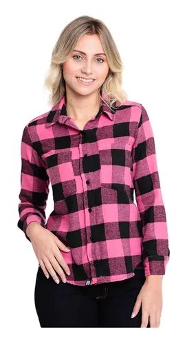 Camisa Xadrez Feminina Rosa Flanelada Feminino Manga Longa