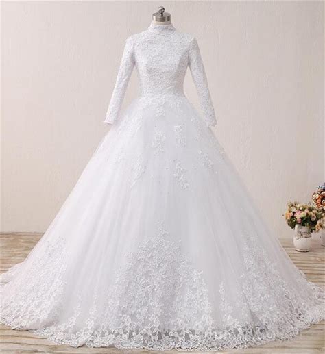 Modest Ball Gown High Neck Long Sleeve Tulle Lace Wedding Dress