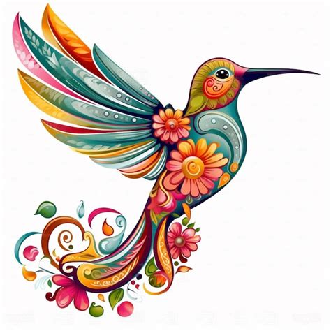 Premium Ai Image Brightly Colored Hummingbird With Flowers And Swirls