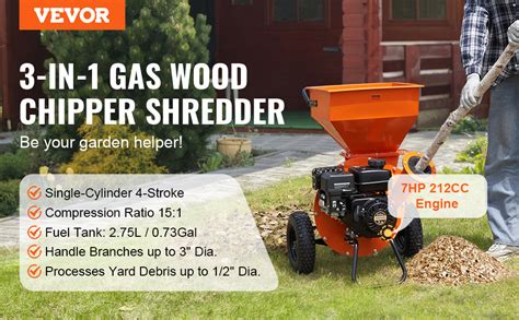 VEVOR Wood Chipper Shredder Mulcher 7HP Heavy Duty Gas Powered 3 212cc