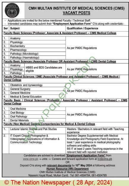 Professor Jobs In Multan At Cmh Institute Of Medical Sciences On April