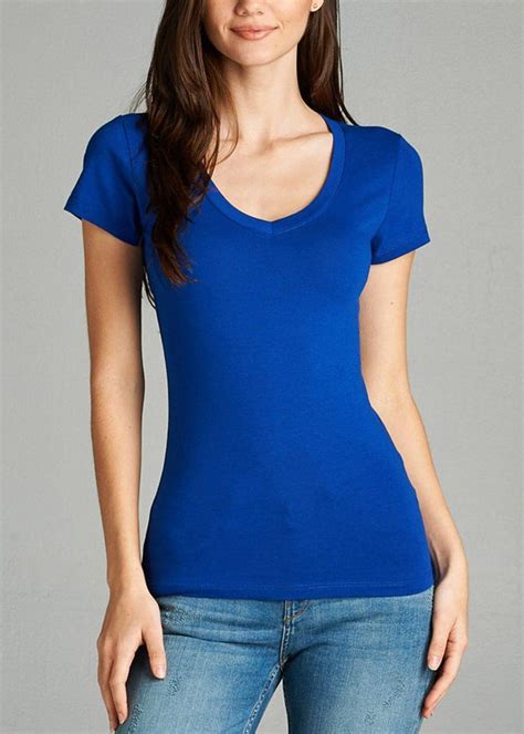 V Neck Basic T Shirt Royal Blue In 2020 Women Shirts Blouse Spring Shirts Basic Shorts