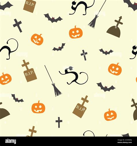 Halloween Seamless Pattern With Pumpkins Black Cats And Witch Brooms