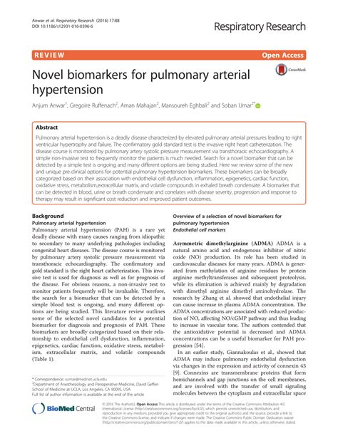 Pdf Novel Biomarkers For Pulmonary Arterial Hypertension