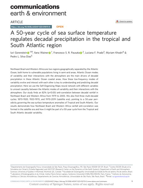 PDF A 50 Year Cycle Of Sea Surface Temperature Regulates Decadal