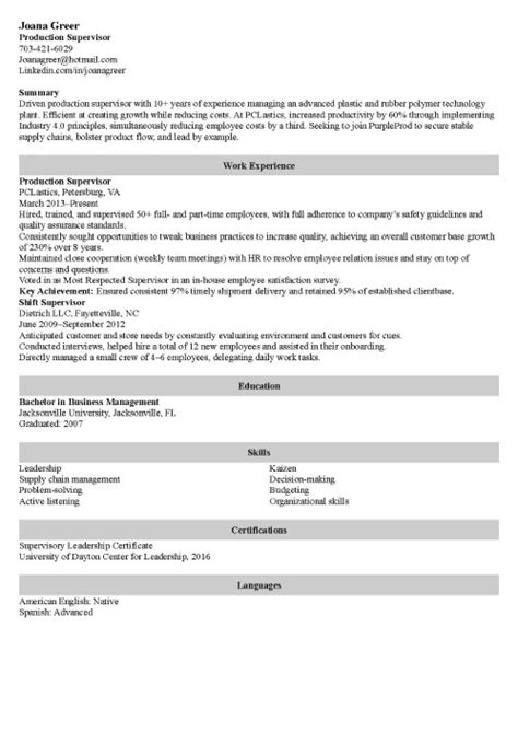 Production Supervisor Resume Examples And Job Description